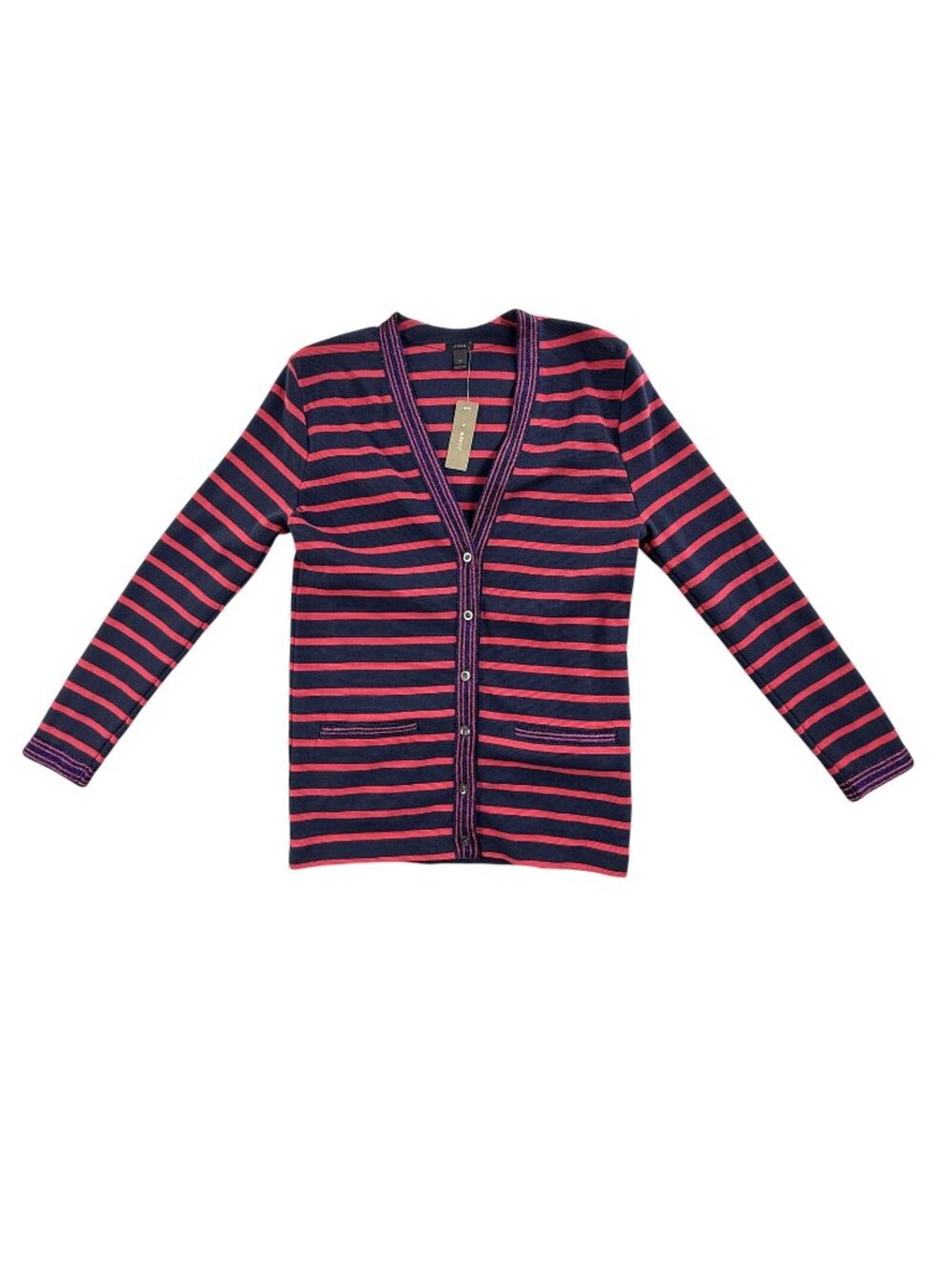 J Crew Cardigan Sweater Womens XS Blue Stripe V Neck Pockets Glitter F8816 NWT